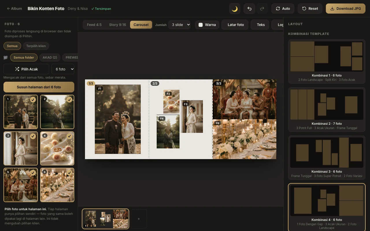 Editor Bikin Konten Foto: foto galeri di kiri, carousel 3 slide yang nyambung di tengah, pilihan template di kanan