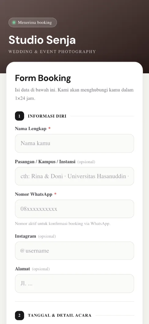 Form booking online Studio Senja di HP klien