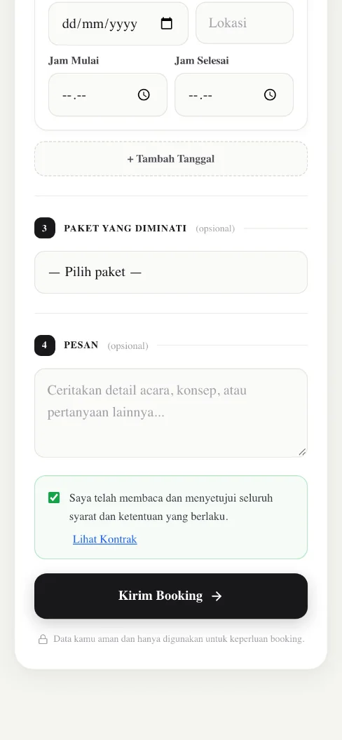 Form booking: klien mencentang setuju kontrak dan bisa membuka Lihat Kontrak sebelum Kirim Booking
