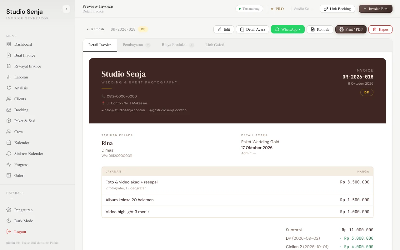 Invoice Pilihin Job dengan rincian layanan, DP, dan cicilan