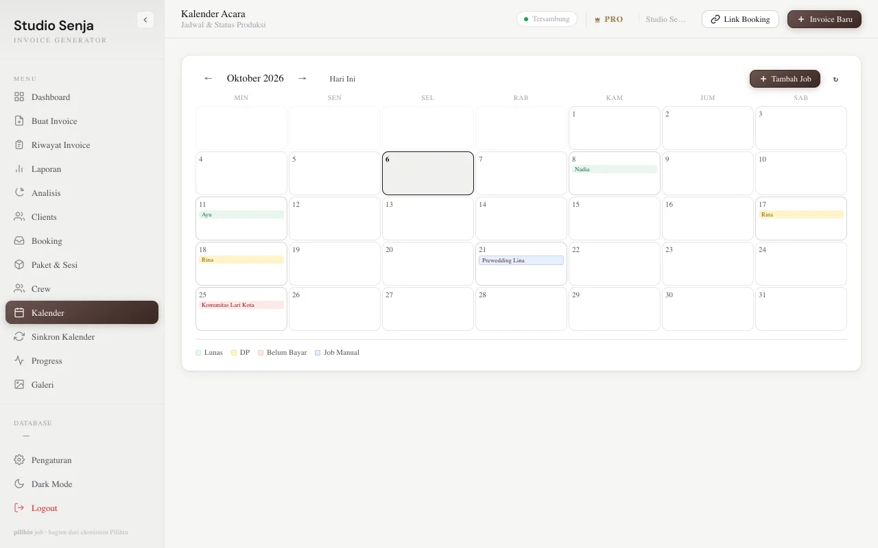 Kalender bulanan Pilihin Job dengan warna status pembayaran