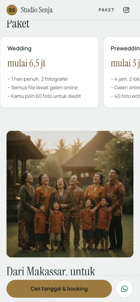Bagian paket di website portofolio, dengan tombol Cek tanggal dan booking serta tombol WhatsApp di bawah